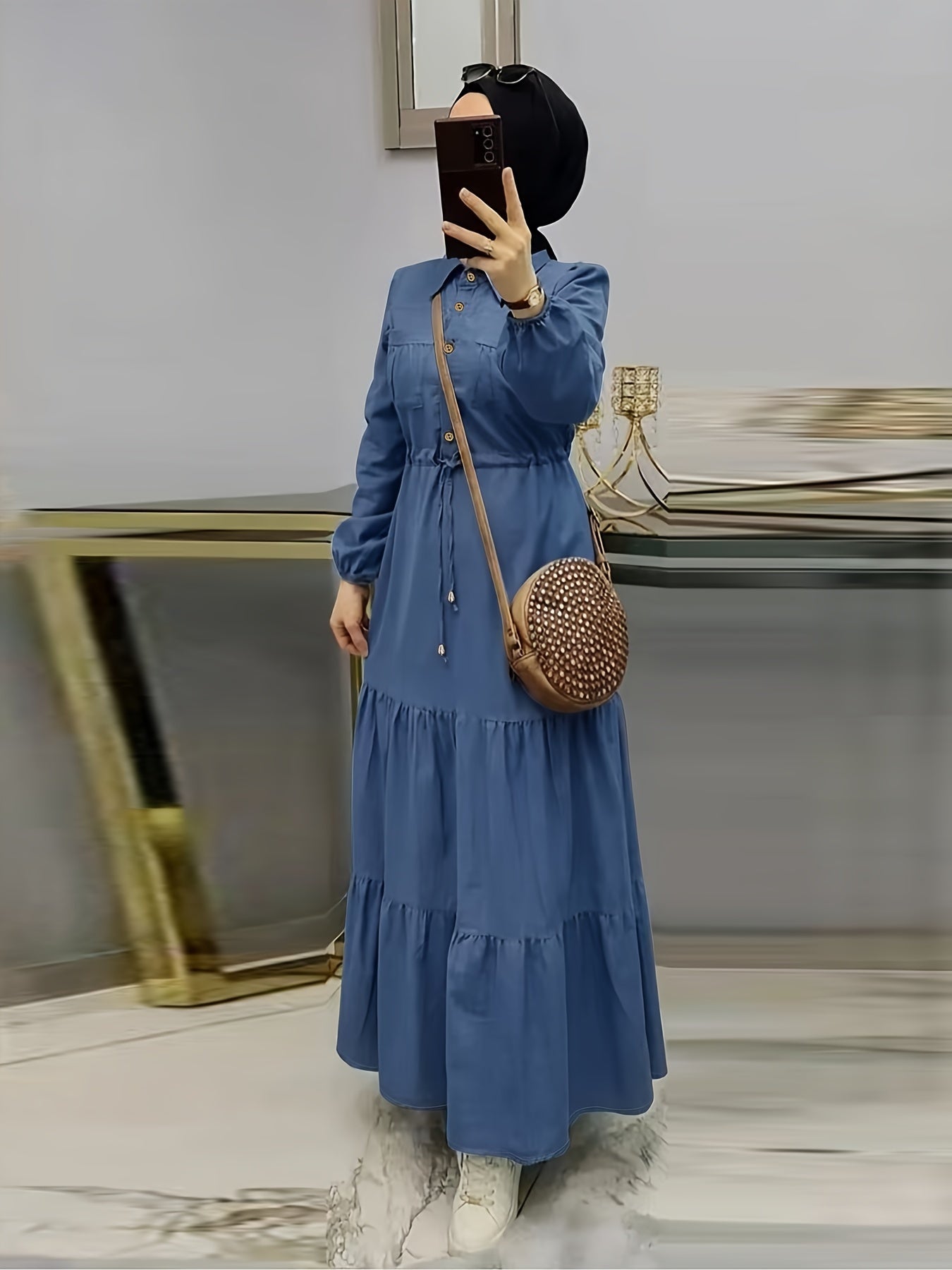 Blue Elegant Women's Baju Abaya | Middle Eastern-Inspired, Adjustable Waist Tie, Golden Buttons, Long Sleeve, Ruffled Hem, Machine Washable, All-Season Traditional Casual Wear