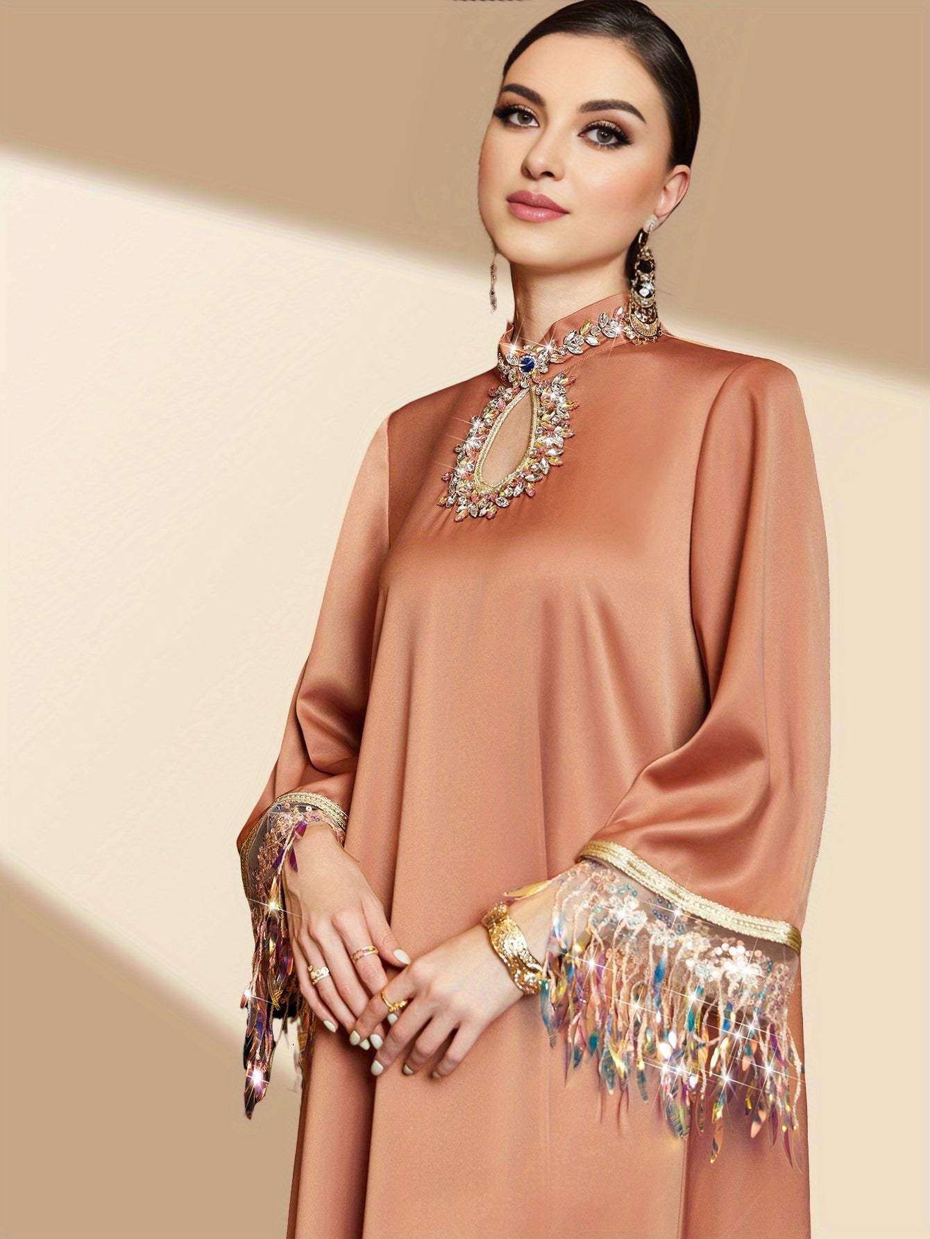 1pc Elegant Solid Color Polyester Maxi Dress with Rhinestone Detailing and Tassel Fringe, Long Sleeve Butterfly Abaya, Woven All-Season Gown