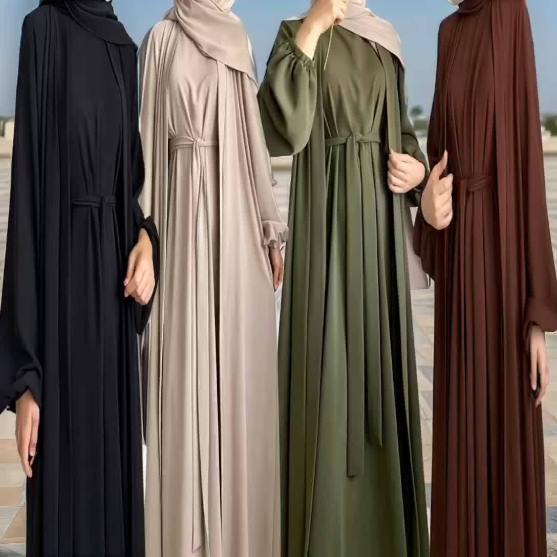 3pcs Elegant Open Arabic Abaya & Pocket Belt Abaya Set - Solid Color, Stretchy Polyester, Breathable for Spring/Summer - Ideal for Ramadan & Muslim Women, Lightweight Islamic Kaftan Dresse