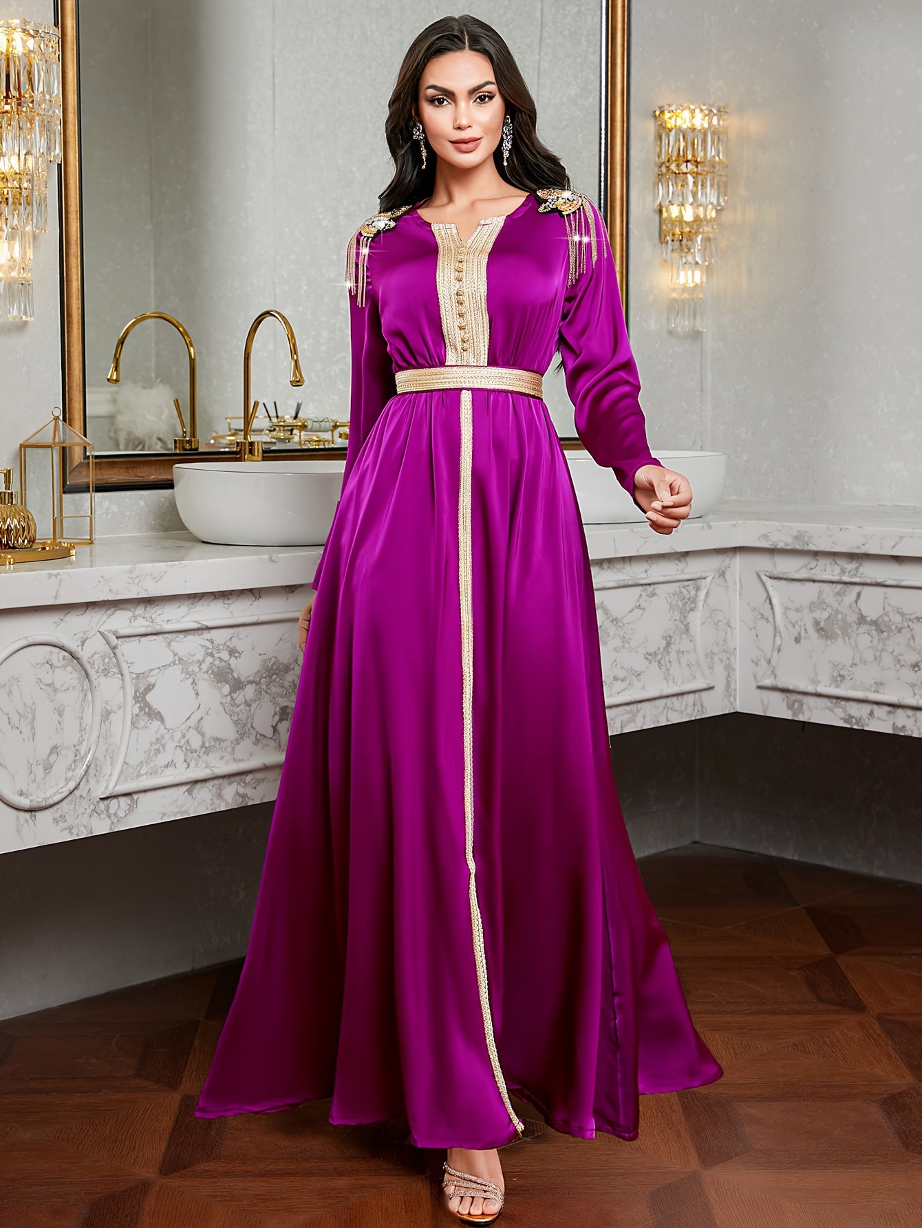 Elegant Purple Emirati Abaya Long Dress | Golden Embroidery, Tassel Detail, Belted, All-Season Wear, Formal Event Attire, Formal Attire, Embroidered Dress, Detailed Embroidery