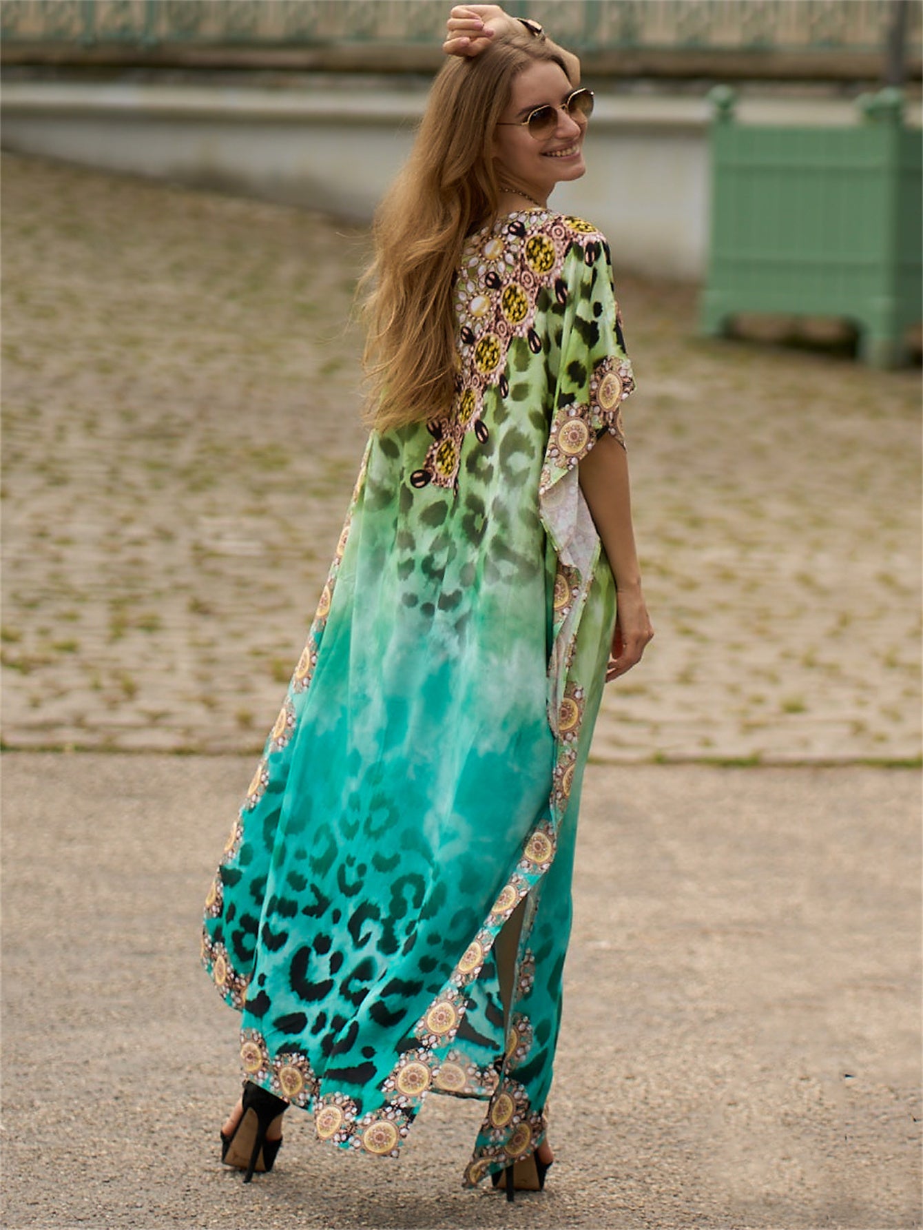 Women's Rayon Bohemian Beach Cover-Up Dress - Loose Fit Batwing Sleeve Turkish Kaftan with Striped Print, Round Neck Long Dress for Poolside, Vacation & Home Wear, Spring Summer Fall, Summer Cover Clothing