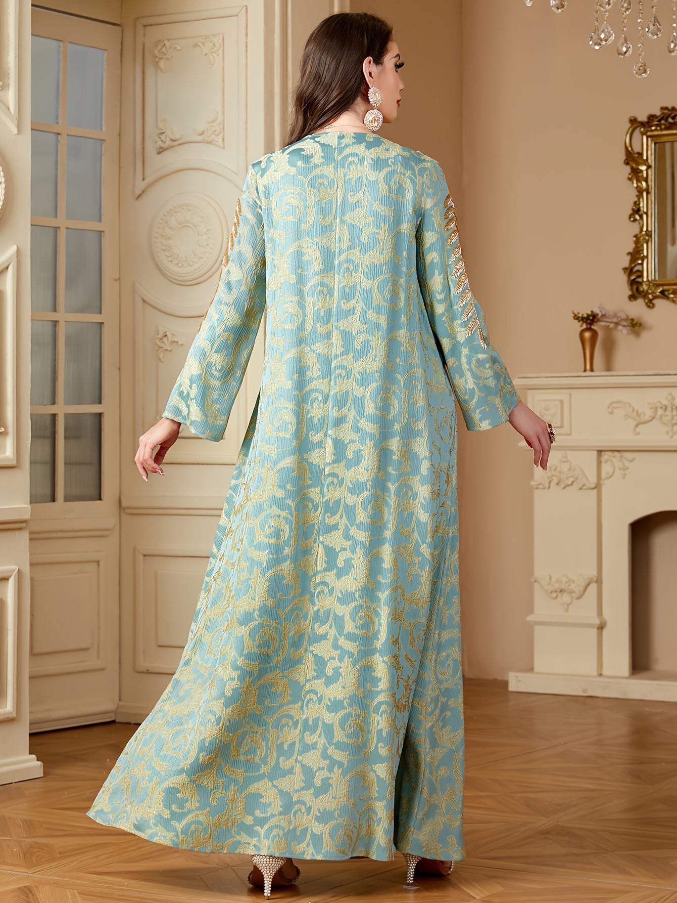 Women's Elegant Middle Eastern-Inspired A-Line Baju Abaya with Floral Appliqué & Beaded Embellishments - Long Sleeve Floor-Length Loose Fit Machine Washable All-Season Casual to Formal Wear