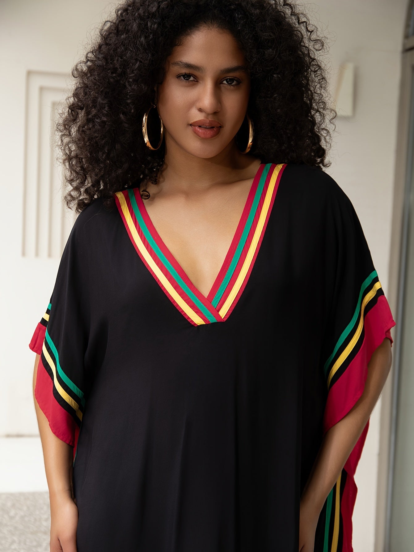 Stylish Women's Kaftan Maxi Dress - Comfortable Batwing Sleeve V Neck Design