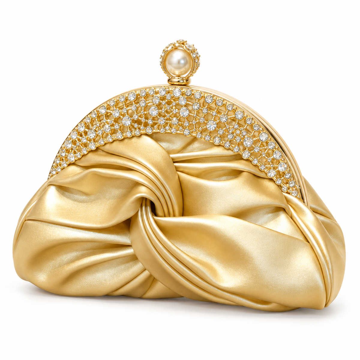 Gold Satin Rhinestone Pearl Evening Clutch