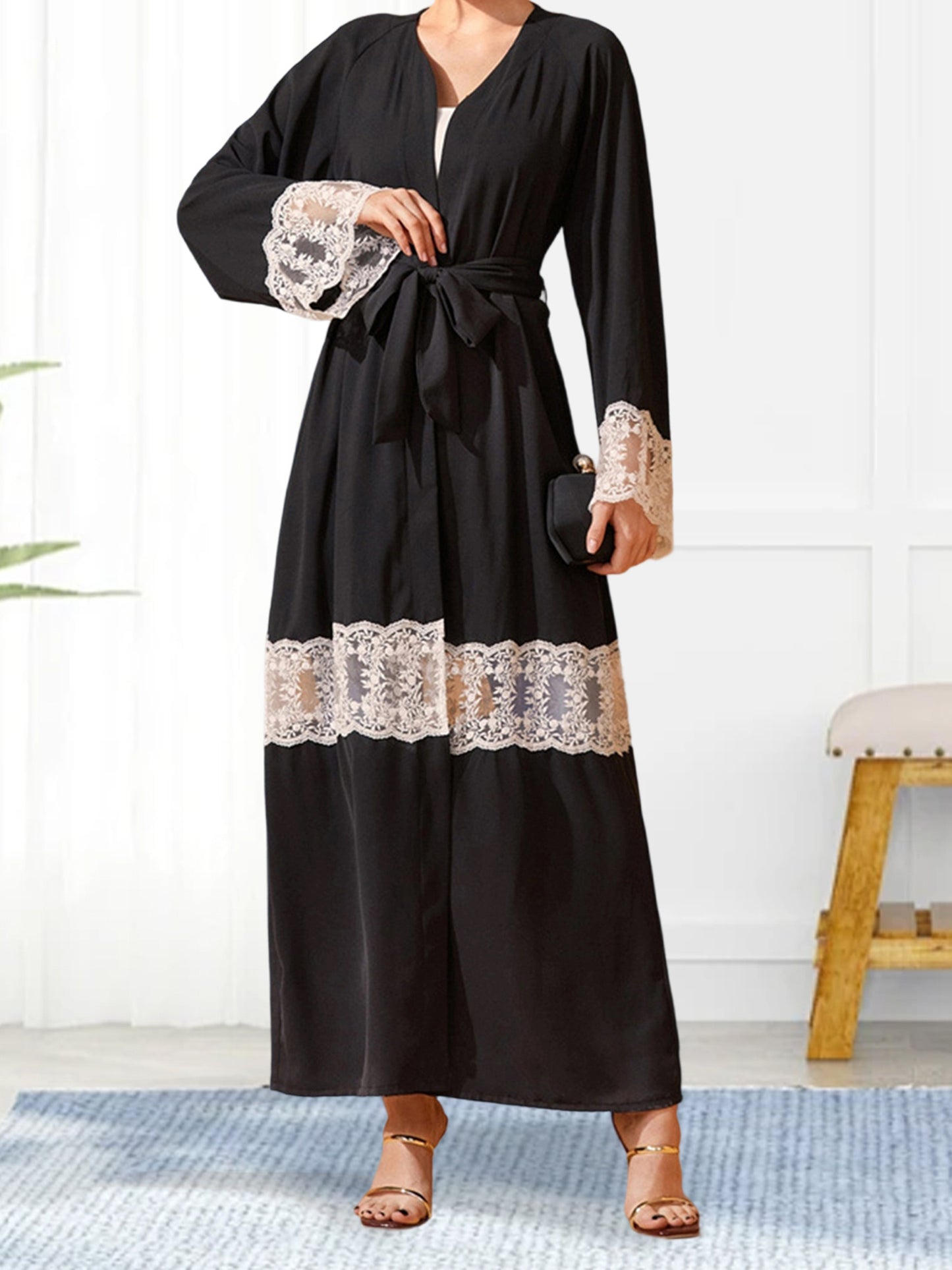 Women Open Palestinian Abaya Elegant Lace Patchwork V-Neck Long Sleeves Islamic Prayer Dresses Robe with Belt Casual Arabic Dresses