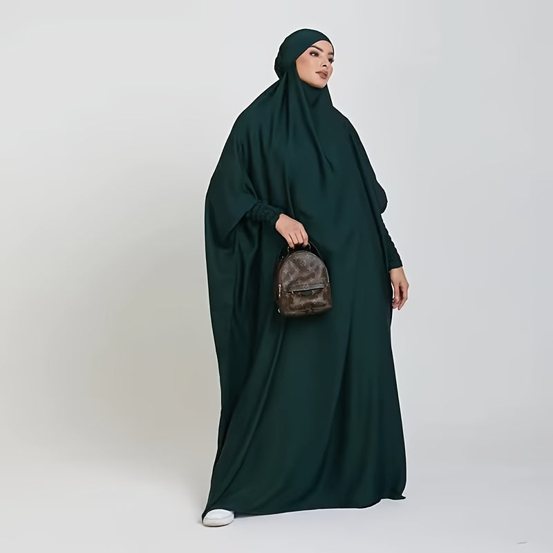 Long Sleeve Solid Color Jibab Abaya - Women's Traditional Arabian Polyester Robe with Tie Back, 95% Polyester 5% Elastane, 135g/m² - Muslim Nida Hijab Dress