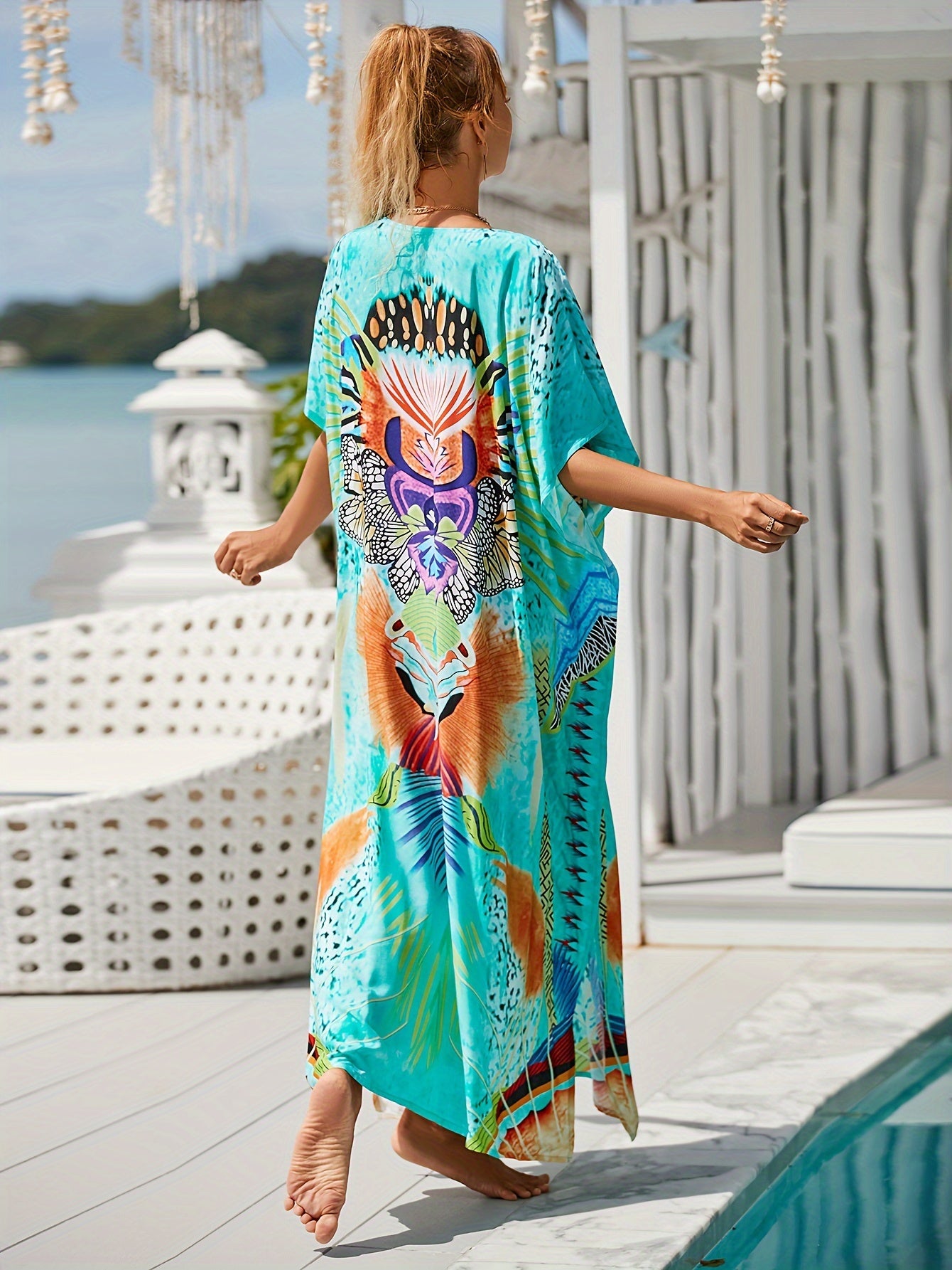 Women's Casual Long Beach Cover Up Shirt With V-neck And Side Slit Bikini Sun Protection Shirt Kaftan dress Swimsuit Cover Up
