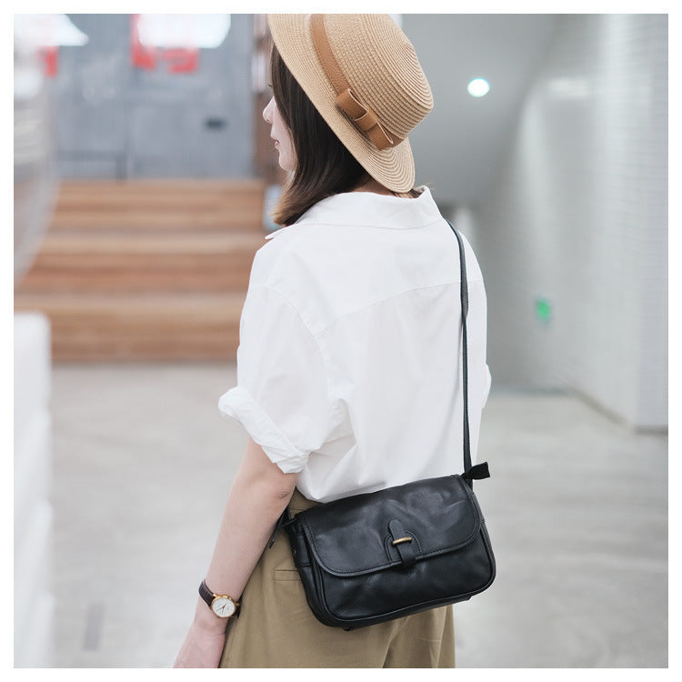 Japanese-Style Vintage Crossbody Shoulder Bag - Genuine Leather with Adjustable Strap & Golden-Tone Clasps, Zipper Closure, Polyester Lining