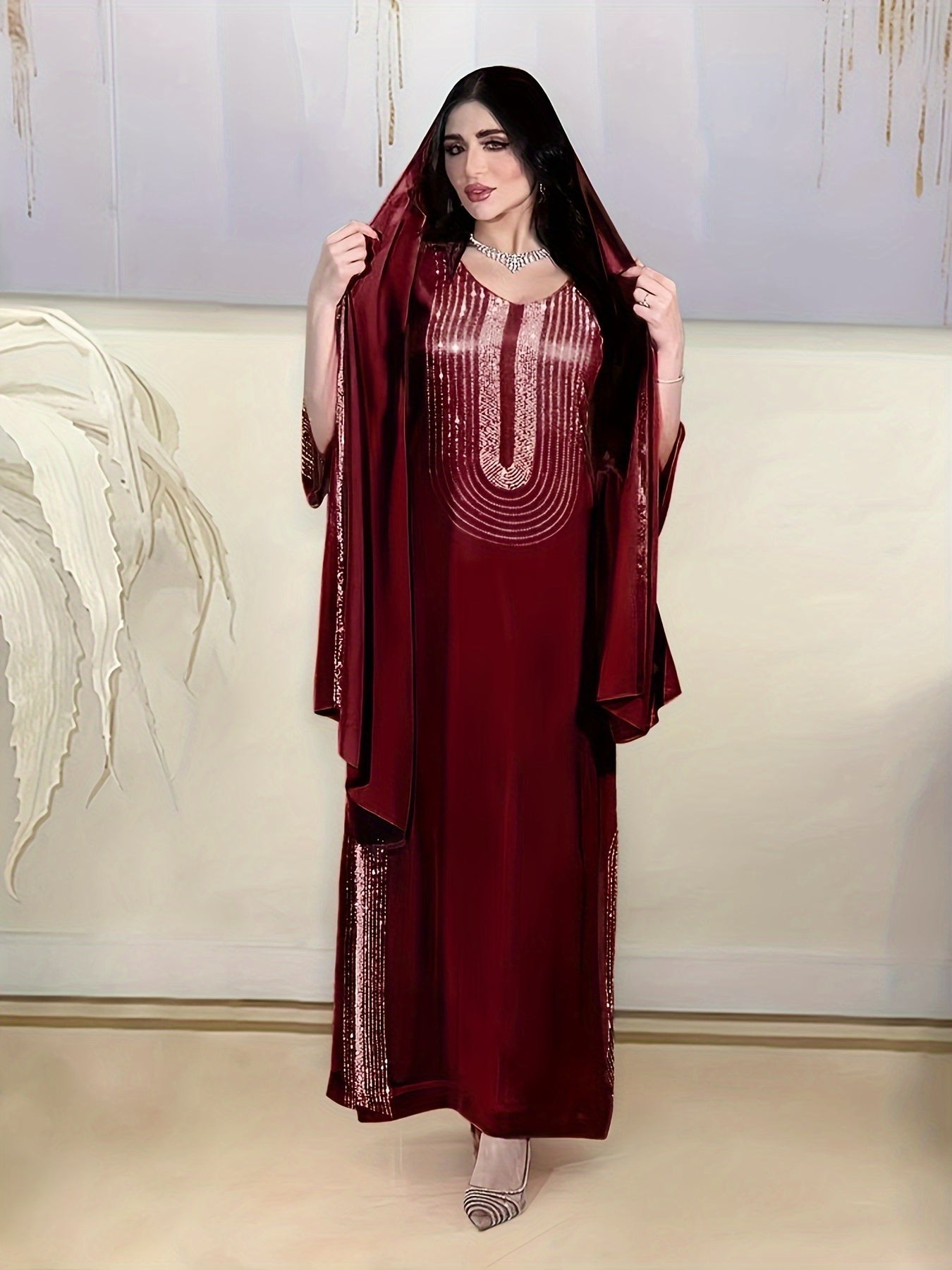 Elegant Tribal Pattern Polyester Modern Abaya, 100% Polyester Woven Dress, Rhinestone Embellished, Versatile for Home & Commute, Spring/Summer/Fall Collection
