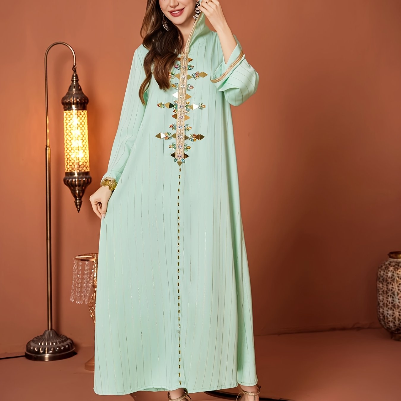 Elegant Mint Green Women’s Hooded Kaftan Dress with Rhinestone Embellishments, Long Sleeve Emirati Abaya with Zipper Front and Golden Trim, All-Season Wear