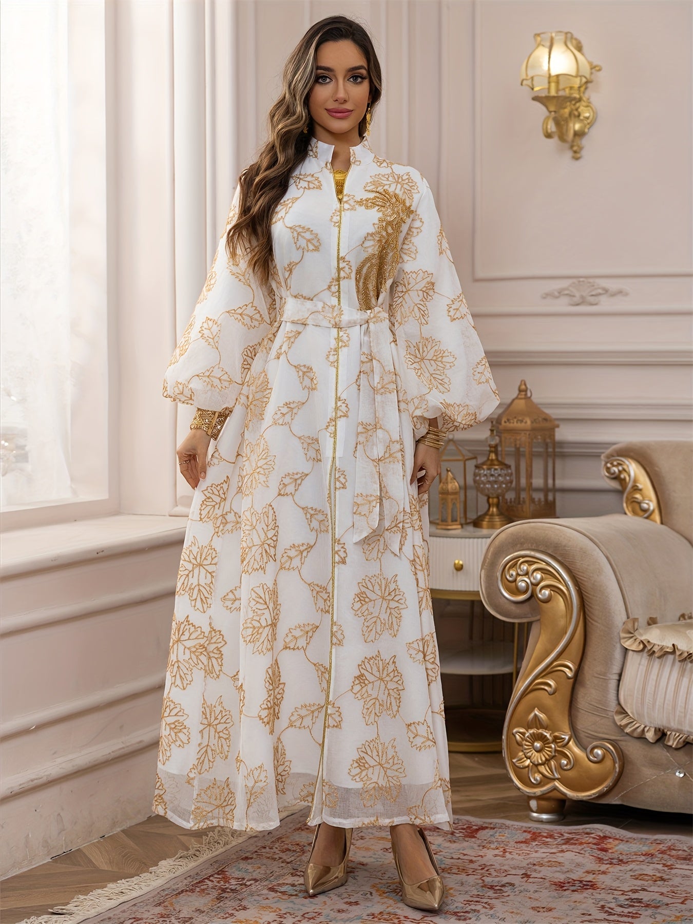 Dubai Floral Embroidery Belted Dress Belt included Lantern Sleeve Maxi Abaya Luxury Woman Evening Dresses Modern Kaftan 2025