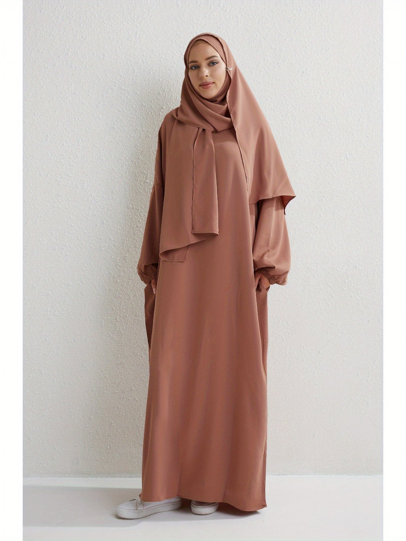 Elegant Islamic Hijab Dress for Women - Kaftan Style with Headscarf, Modest Middle Eastern Long Skirt Jibab Abaya, Loose Fit H-Silhouette, Long Sleeve Asymmetrical Hem, Solid Color Beige, Machine Washable for Ramadan Prayer & All Occasio