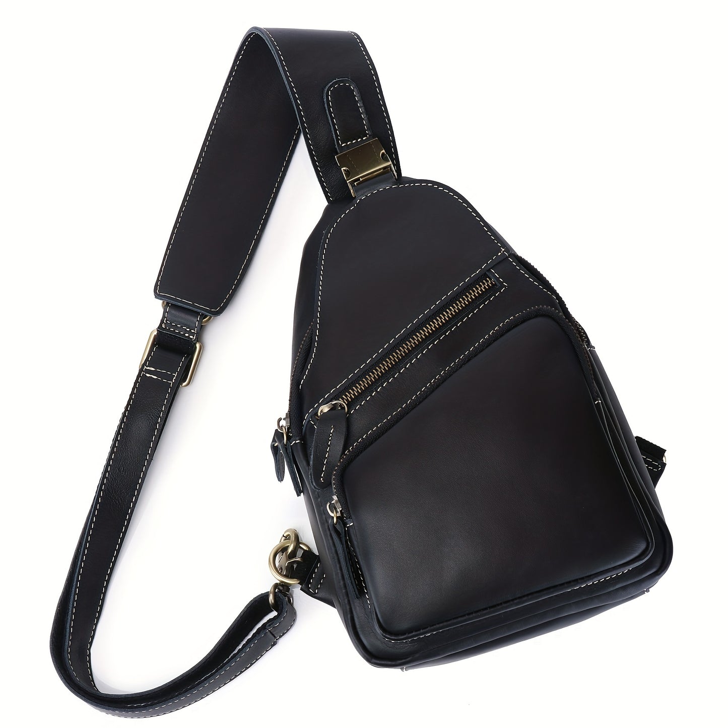 Full Grain Cowhide Leather Vintage Sling Chest Shoulder Bag Retro Hiking Crossbody Casual Daypack - Durable & Stylish - For Men & Women