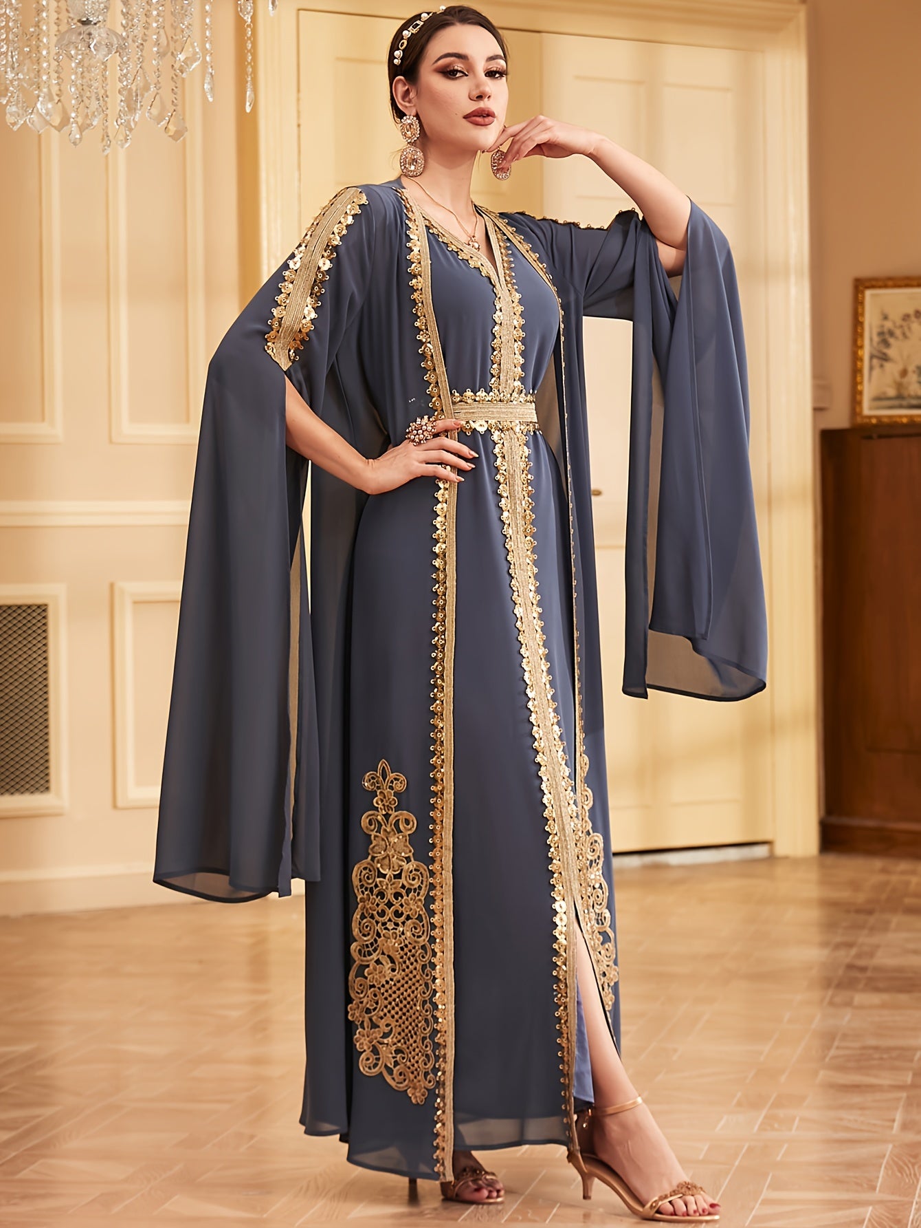 Two-piece Set: Fashion Embroidered Vest with Waist Cincher and Long Skirt + Cardigan with Sequins and Split Long Sleeves Abaya Gown Dress