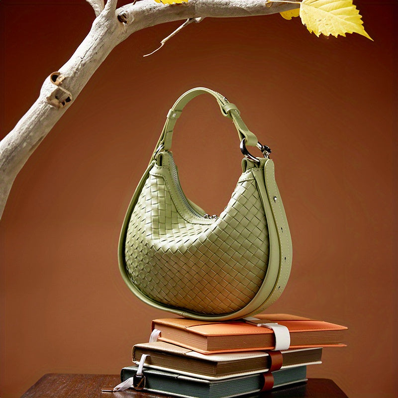 2025 New Niche Cowhide Woven Handbag for Women - Adjustable Crossbody Shoulder Bag with Zipper Closure, Vibrant Green Woven Texture