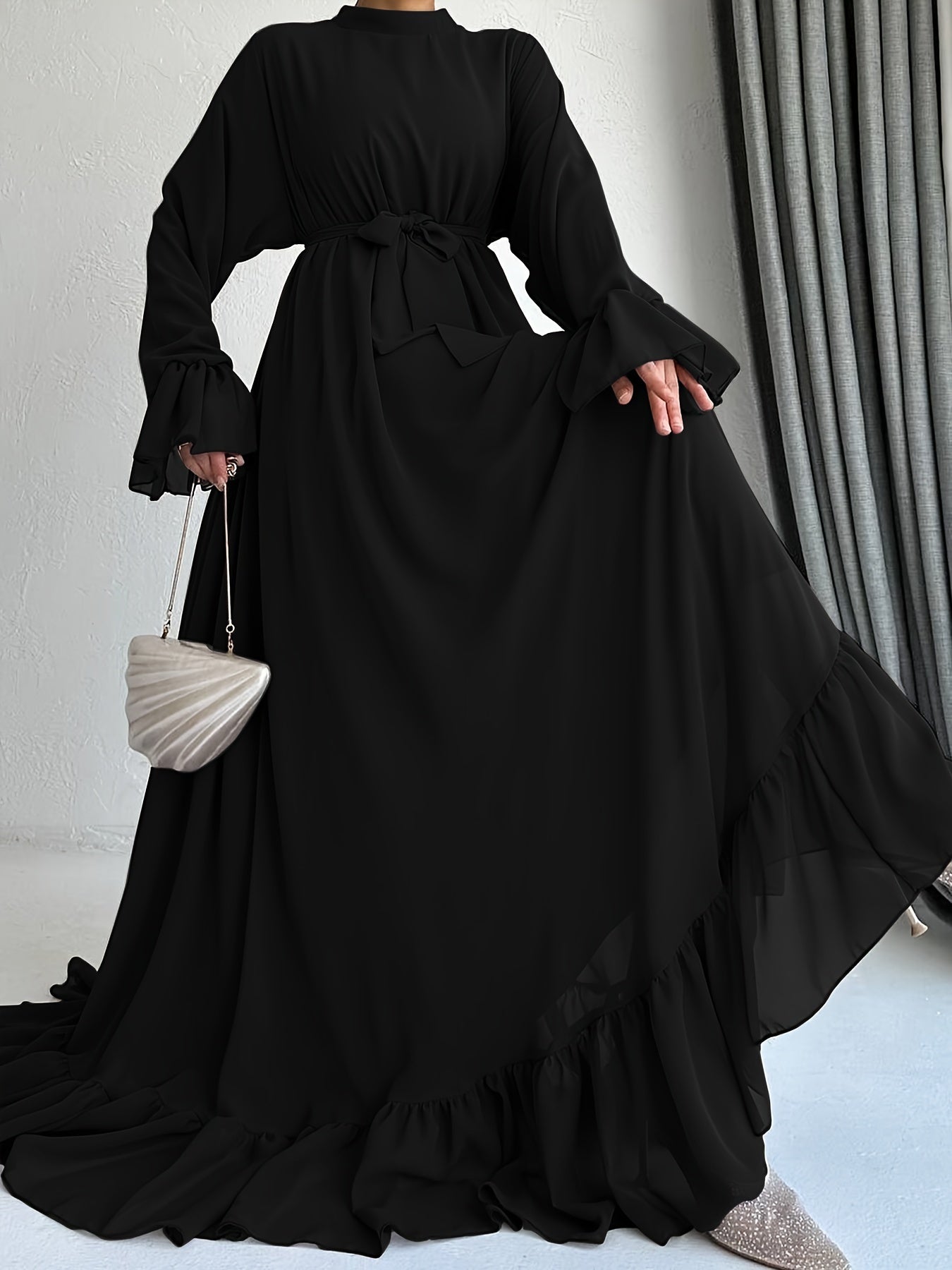 Stunning Solid Color Belted Peplum Maxi Dress - Elegant Palestinian Abaya for Women with Long Sleeves, Pleated Design, and Flattering Silhouette for Spring and Fall Seasons - Chic and Modest Clothing