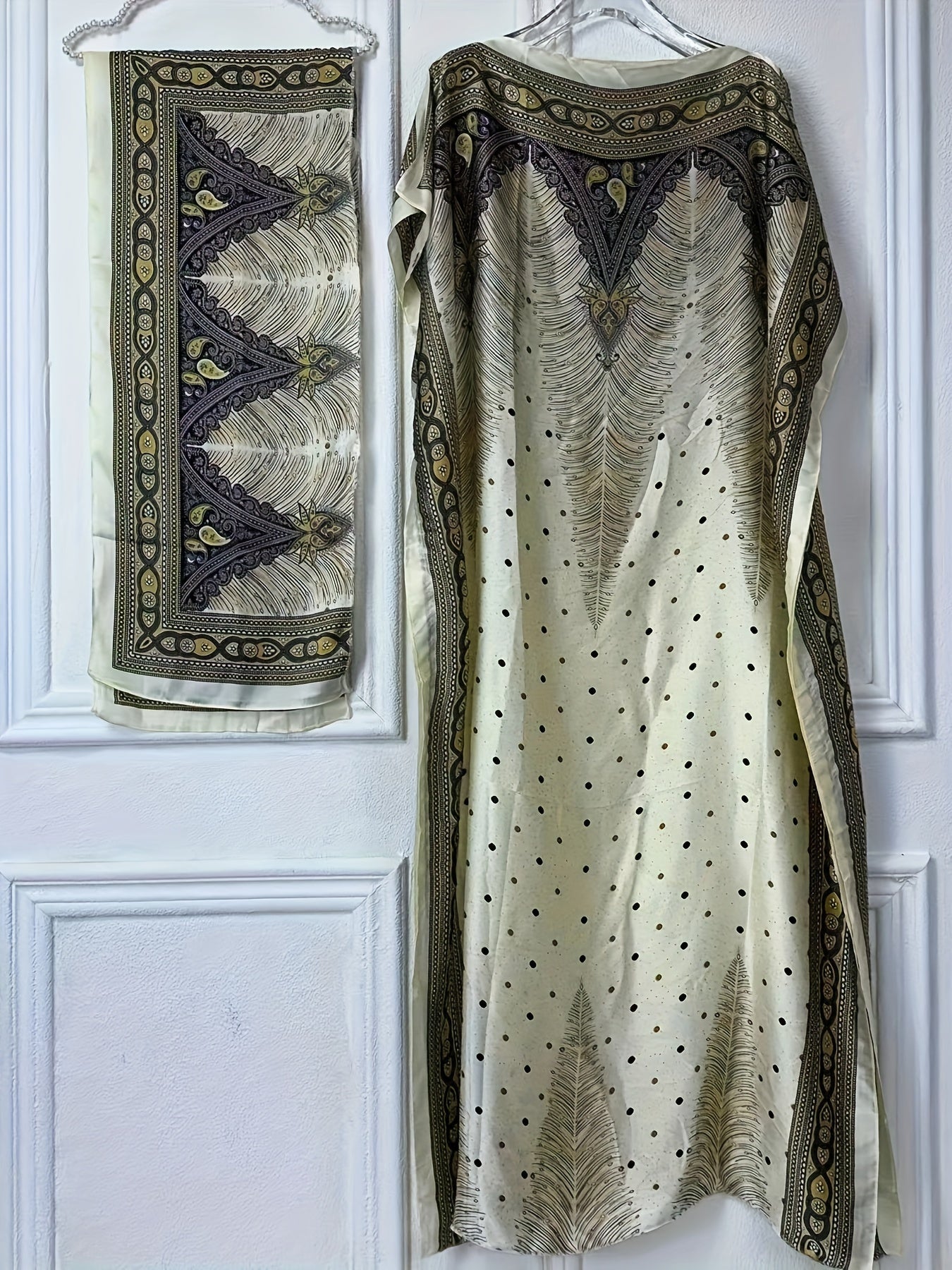 Print Abaya | Women's Clothing | Elegant Short Batwing Sleeve Kaftan | Loose Dress With Scarf | For Spring & Summer