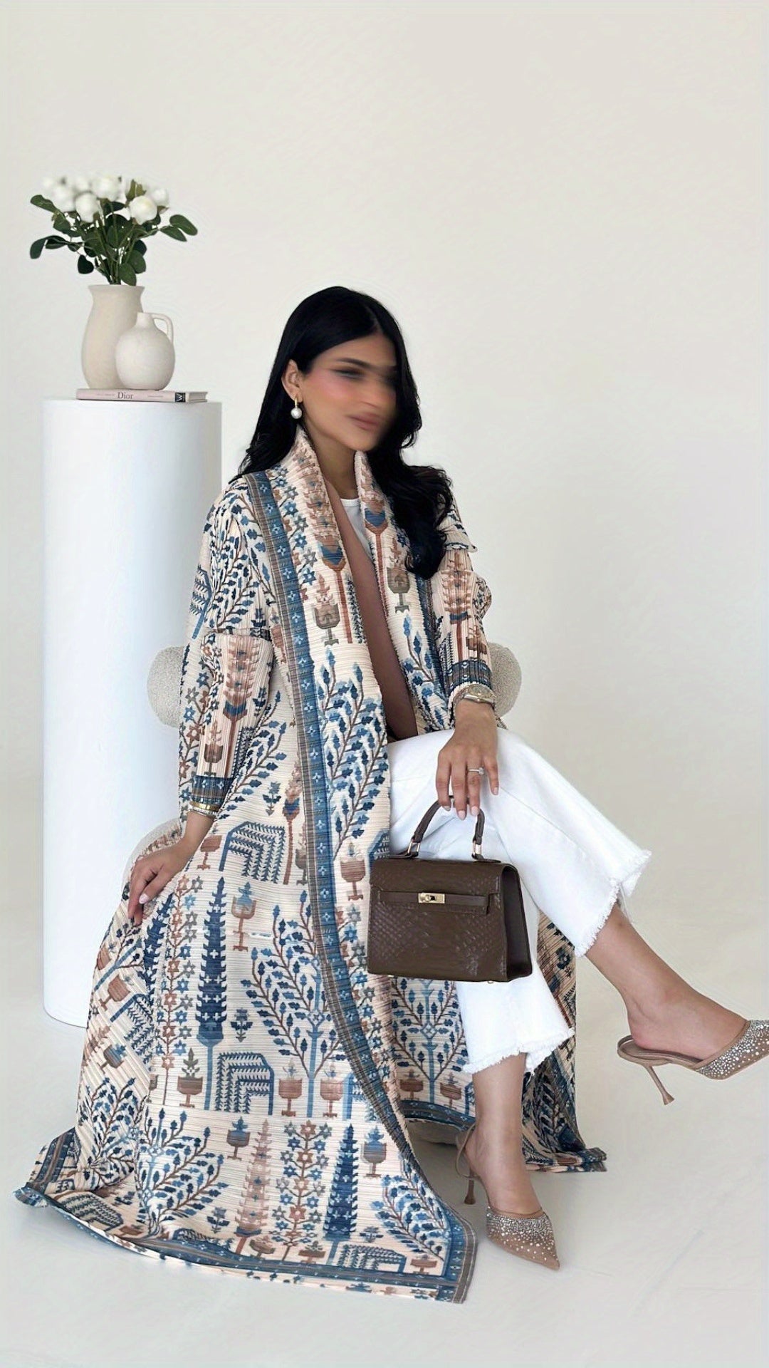 Elegant Palace-Style Geometric Print Robe - Lightweight High-Stretch Polyester Open-Front Abaya with Adjustable Drawstring Waist, Long A-Line Loose Fit for Spring/Autumn