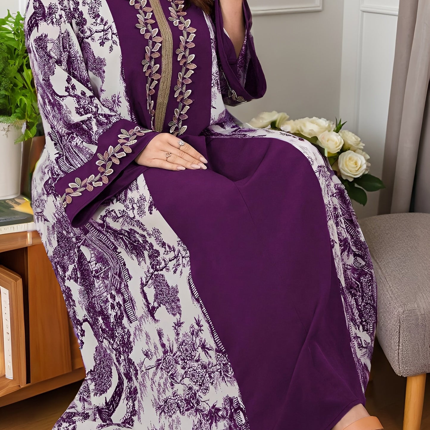 Plus Size, 2025 new landscape print decoration three-dimensional lace Middle Eastern hooded long loose large size Palestinian Abaya