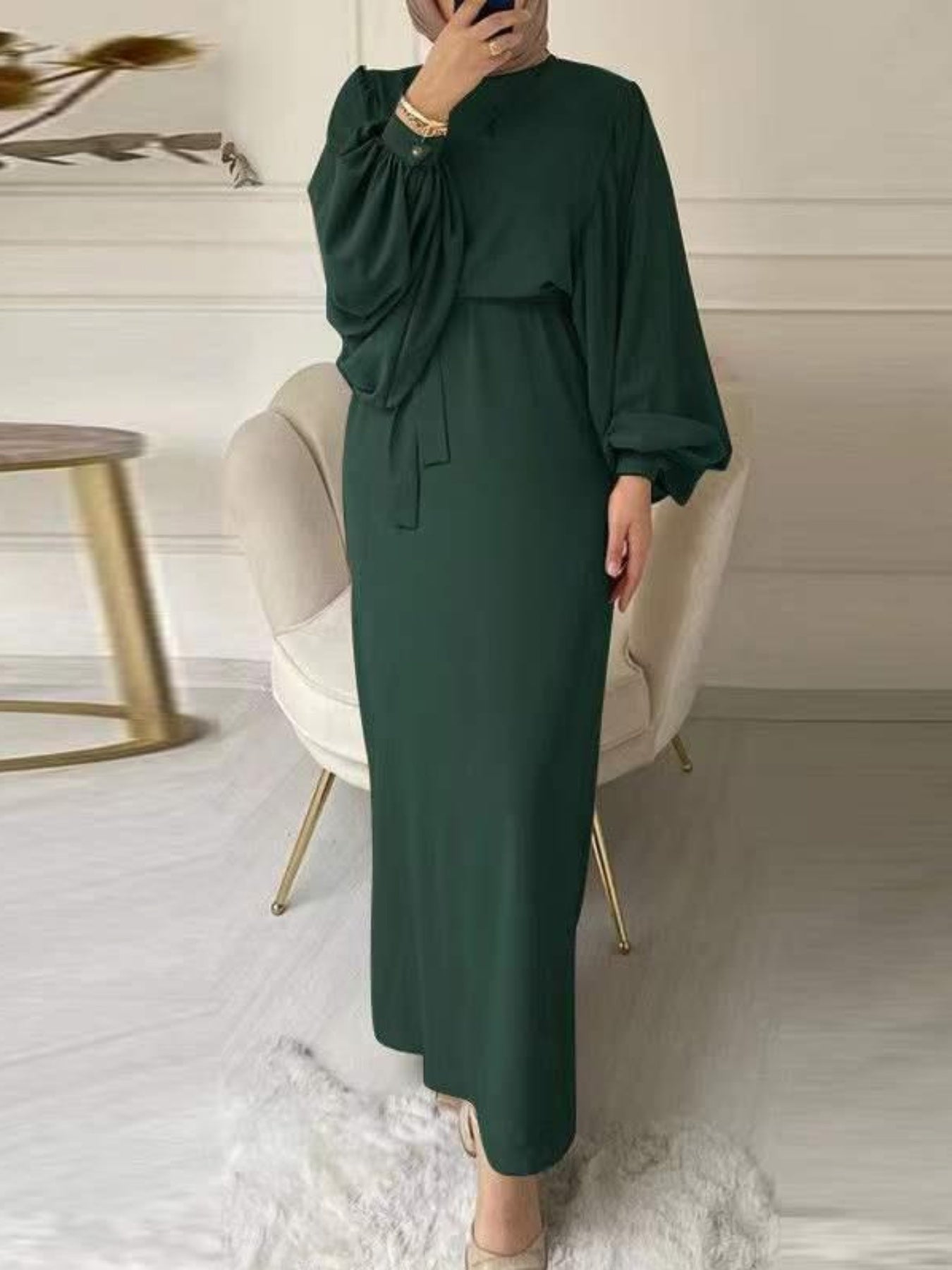 Women's Solid Color Arabic Abaya Dress with Belt - Modern Arabic Style Long Dress, Round Neck Lantern Sleeves, Adjustable Waist Tie, All-Season Casual & Vacation Dress for Women