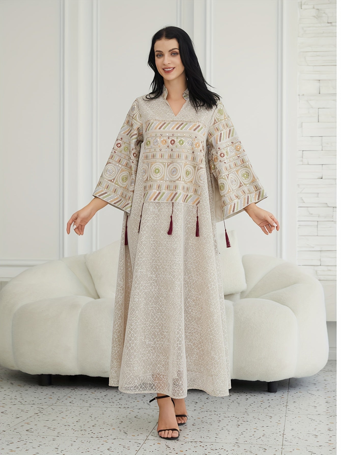 Women's Middle Eastern-Inspired Kaftan Abaya Dress - Luxurious Lightweight Geometric Pattern Long Sleeve Loose Fit Floor-Length Elegant Evening Gown for Spring Summer Fall