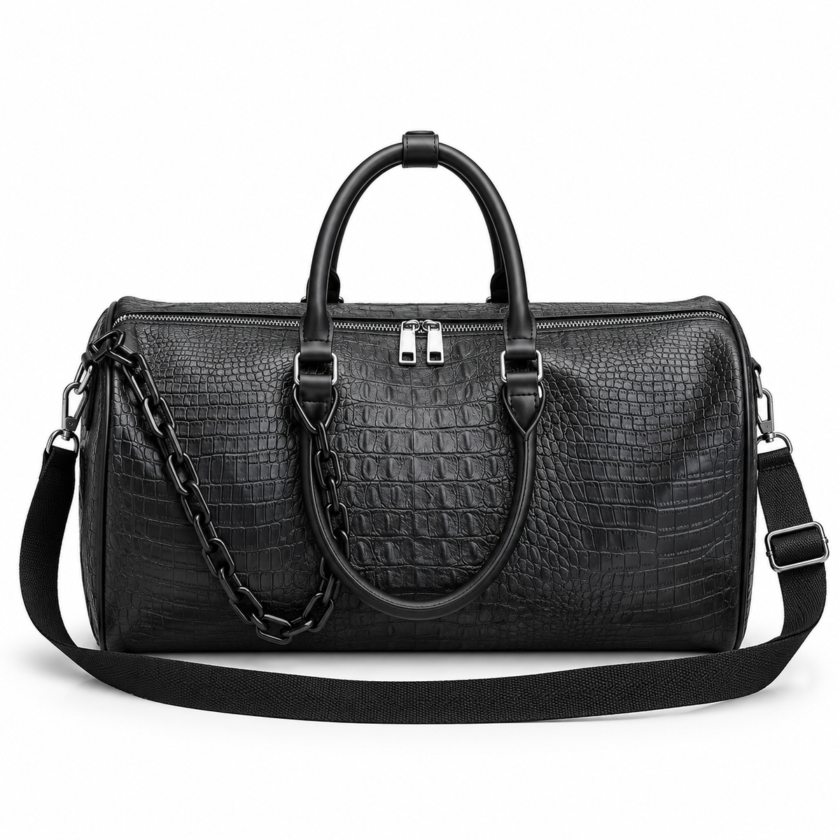 Black Crocodile Embossed Leather Duffel Bag