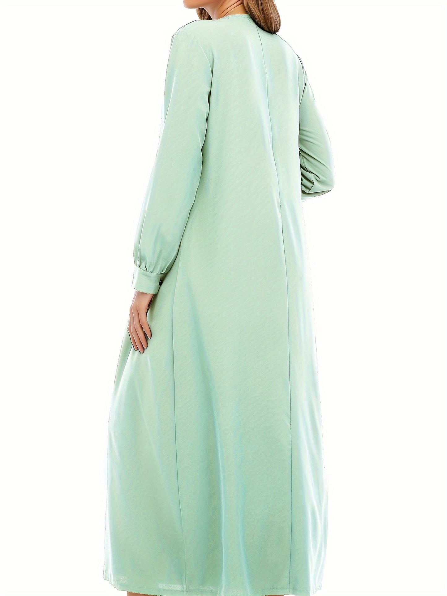 Ramadan Crew Neck Long Sleeve Modest Arabic Abaya, Solid Color Zipper Maxi Length Dress, Women's Clothing