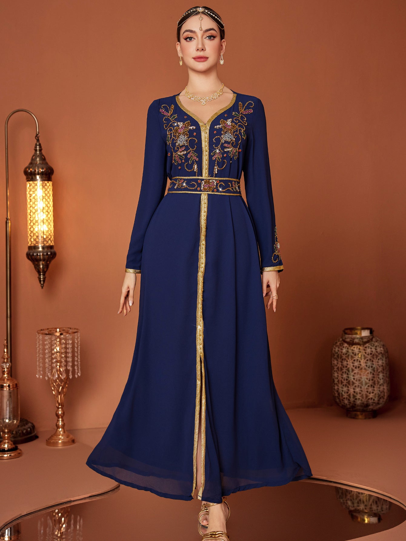 Elegant Navy Blue Embroidered Abaya Dress with Golden Accents and Belt - Long Sleeve, V-Neck, Polyester, Perfect for Spring/Summer, Women's Fashion, Elegant Event Attire|Vneck Dress|Polyester Fabric
