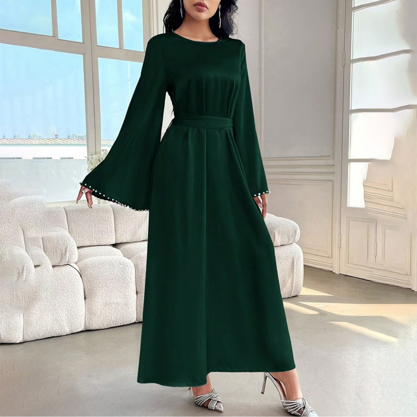 Elegant Round Neck Solid Color Flared Maxi Dress Long Sleeve with Pearl Cuff Detail, Modest A-Line Middle Eastern Turkish Abaya Party & Vacation Dress for Women