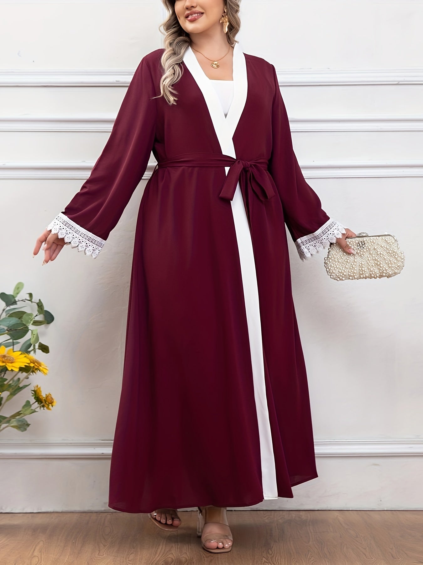 Plus Size Elegant Lace Trim Belted Kaftan Coverup - Stylish Open Front Abaya, Long Sleeve, Flowy Design, Comfortable Wear - Women's Plus Size Clothing for Beach, Pool, or Resort
