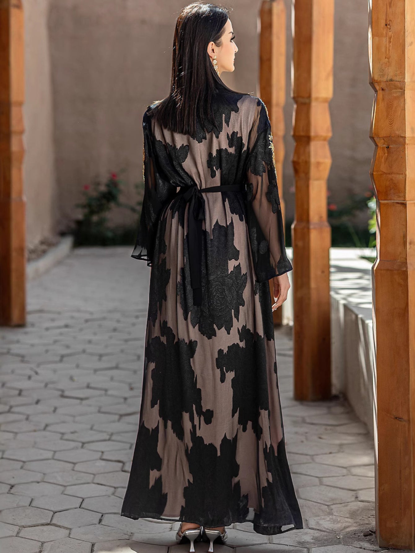 Two-Piece Black and Golden Embroidered Abaya with Belt - Elegant Long Sleeve, Flowing Ethnic Style, Non-Stretch Fabric, Perfect for Spring/Summer, Cultural Attire|Elegant Abaya|Satin Finish