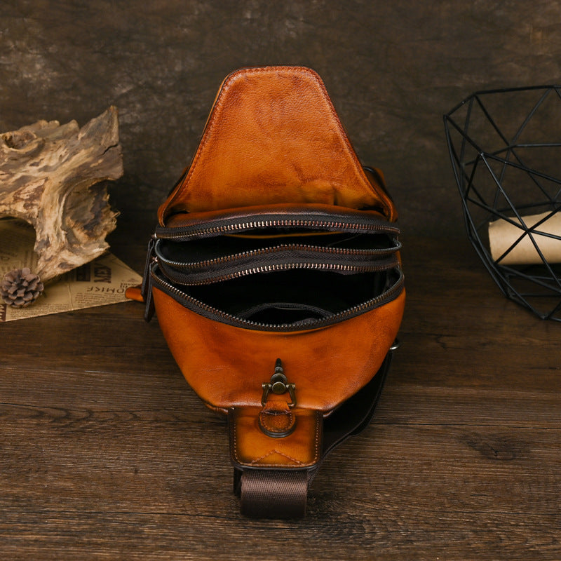 Handmade Genuine Leather Men's Retro Sling Bag - Adjustable Anti-Theft Crossbody Bag with Large Capacity
