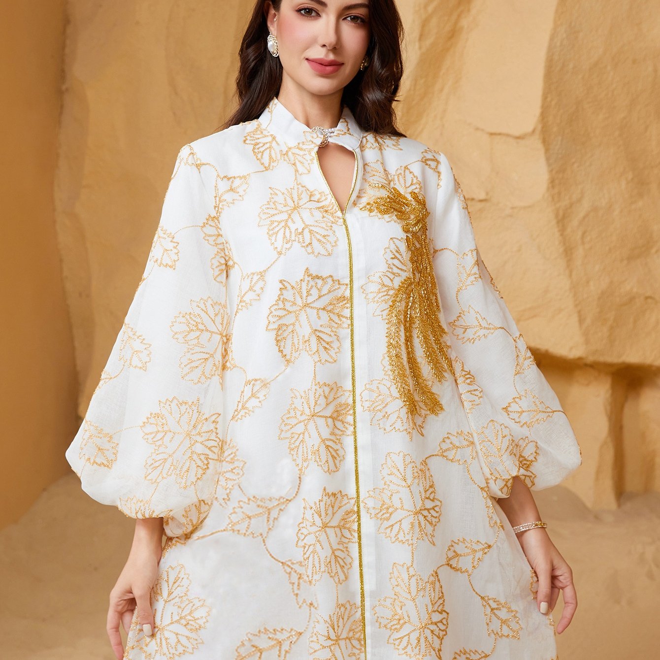 Oriental Style Regular Formal Dress Women's Abaya with Sequins and Mesh Stand Collar, Light Luxury Evening Gown for Festive Occasions - Turkish Jalabiya
