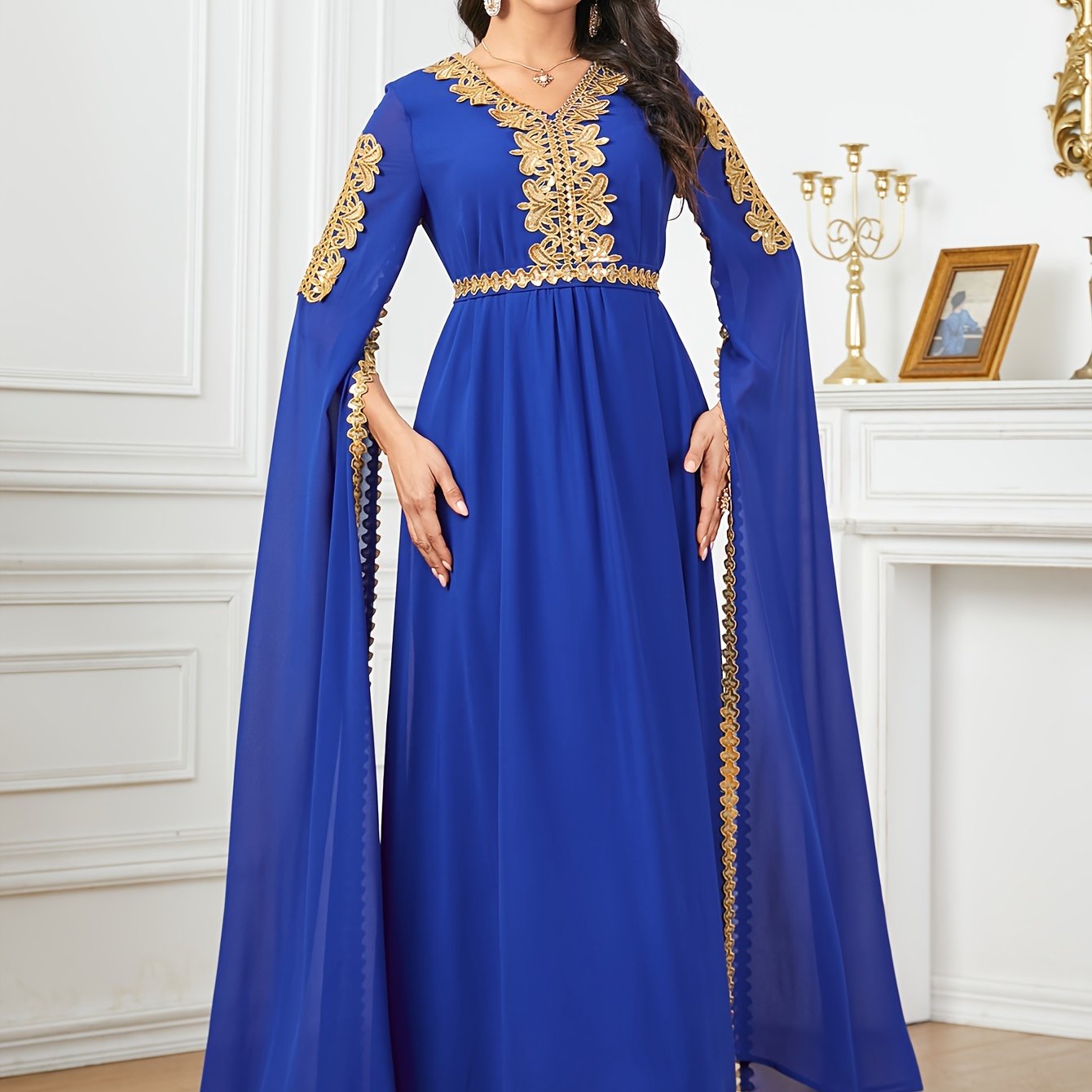 Elegant Black Sequin Embroidered A-Line Maxi Abaya Dress with Golden-Tone Embroidery, Slit Sleeves & Adjustable Waist Belt - Middle Eastern-Inspired Formal Party Wedding Guest Dress, Cultural Attire, Nontransparent Fabric