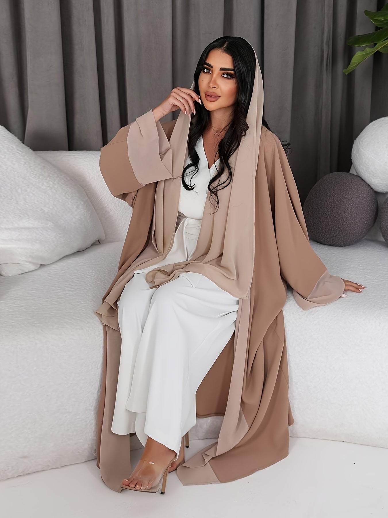 Elegant Women's Muslim Fashion Cardigan - Open Front Kimono Abaya with Traditional Abaya, Solid Color, Spring/Summer Collection for Casual or Formal Occasion