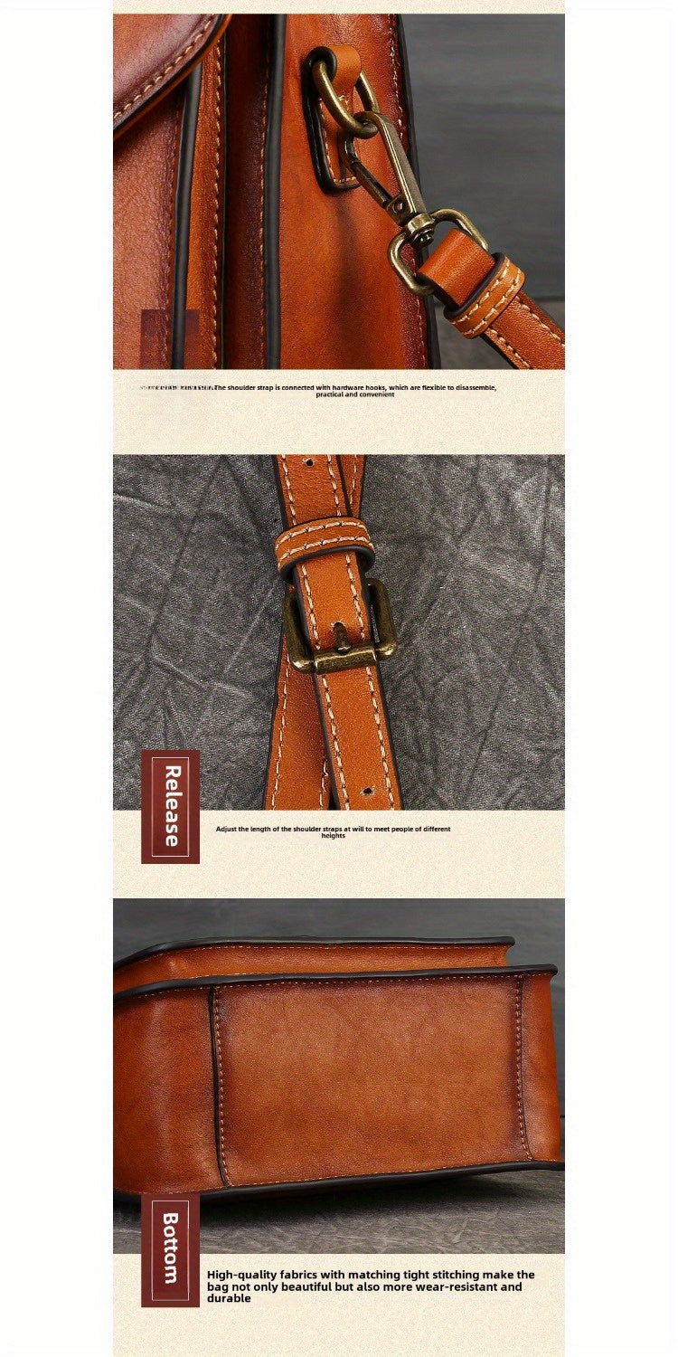 Women's Genuine Leather Retro Messenger Bag - Adjustable Crossbody & Shoulder Strap, Snap Closure, Durable Oil-Edged Trim