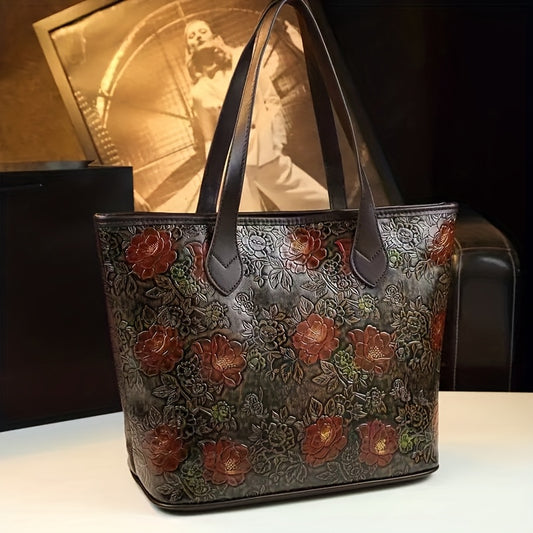 Genuine Leather Women's Tote Bag - Large Capacity Dual-Sided Floral Design with Red Roses & Green Foliage