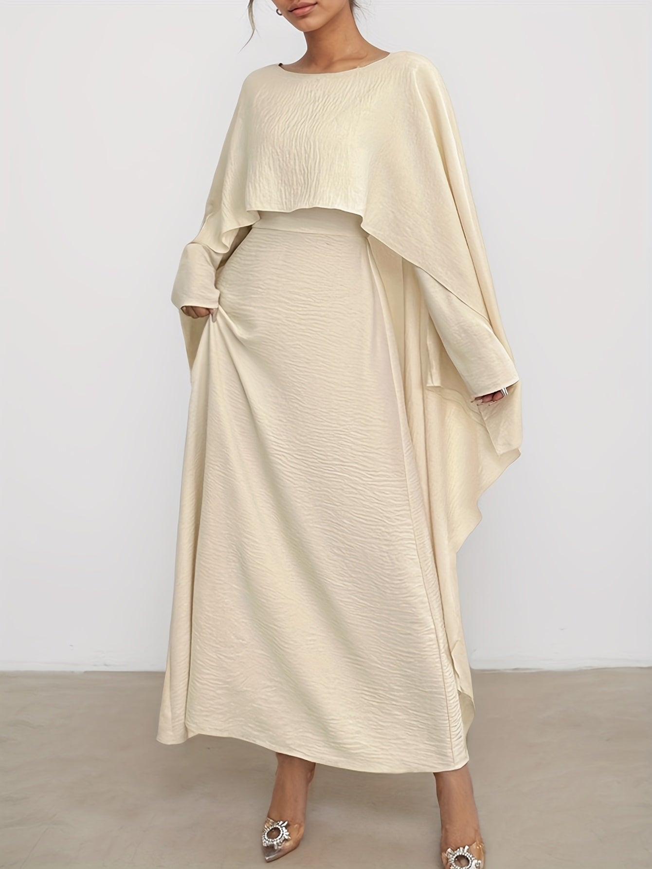 Ladies Spring And Summer New Style Solid Color Fashionable Elegant Temperament Long Sleeve Pleated Fake Two-Piece Design, Round Neck Irregular Long Women's Abaya Dress