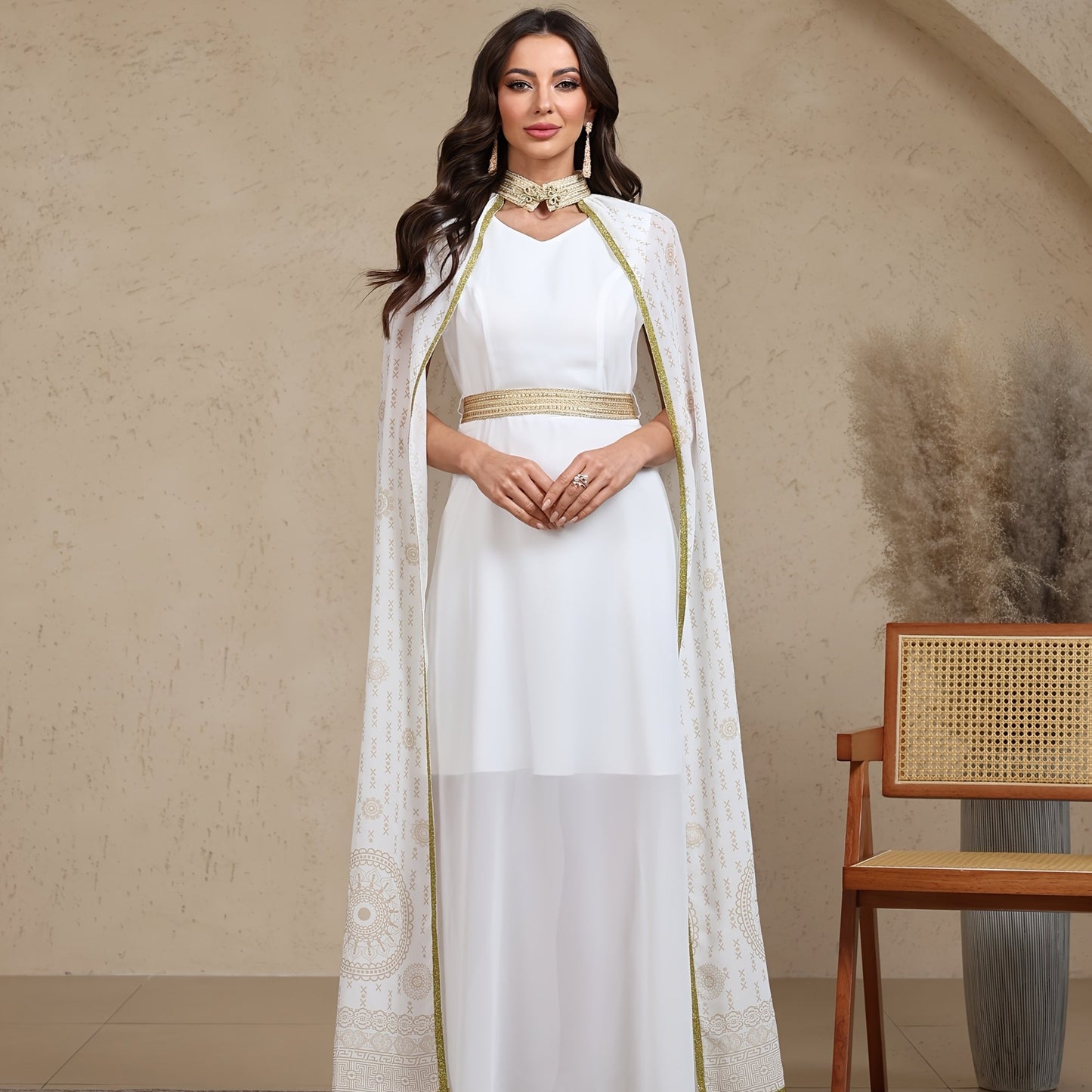 Middle East Dubai Arabic Rubbing Disc Full Print High Waist Two Piece Shawl Long Modern Abaya