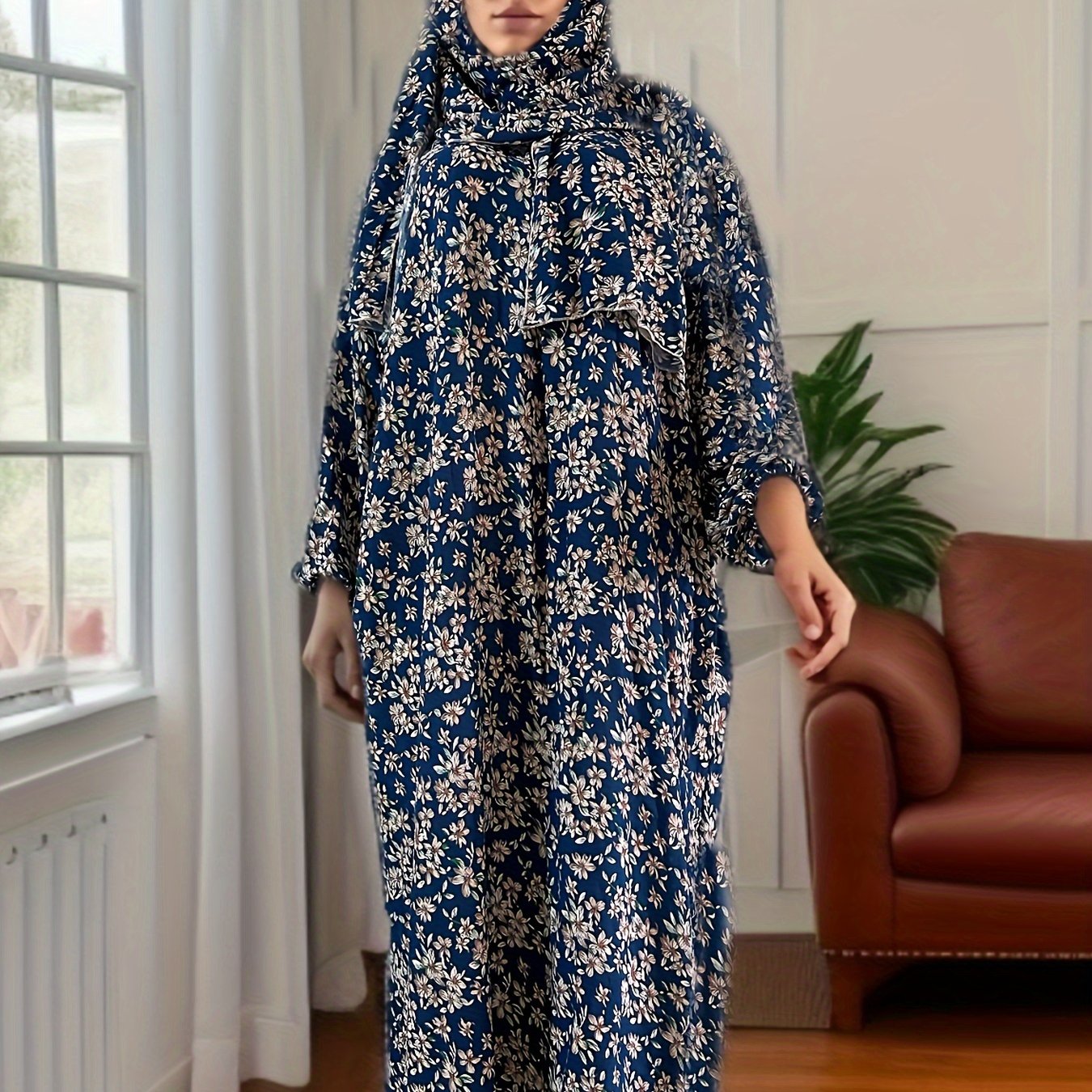 Ramadan Plus Size Floral Print Modest Jibab Abaya Dress, Modest Long Sleeve Maxi Dress With Hijab, Women's Plus Size Clothing