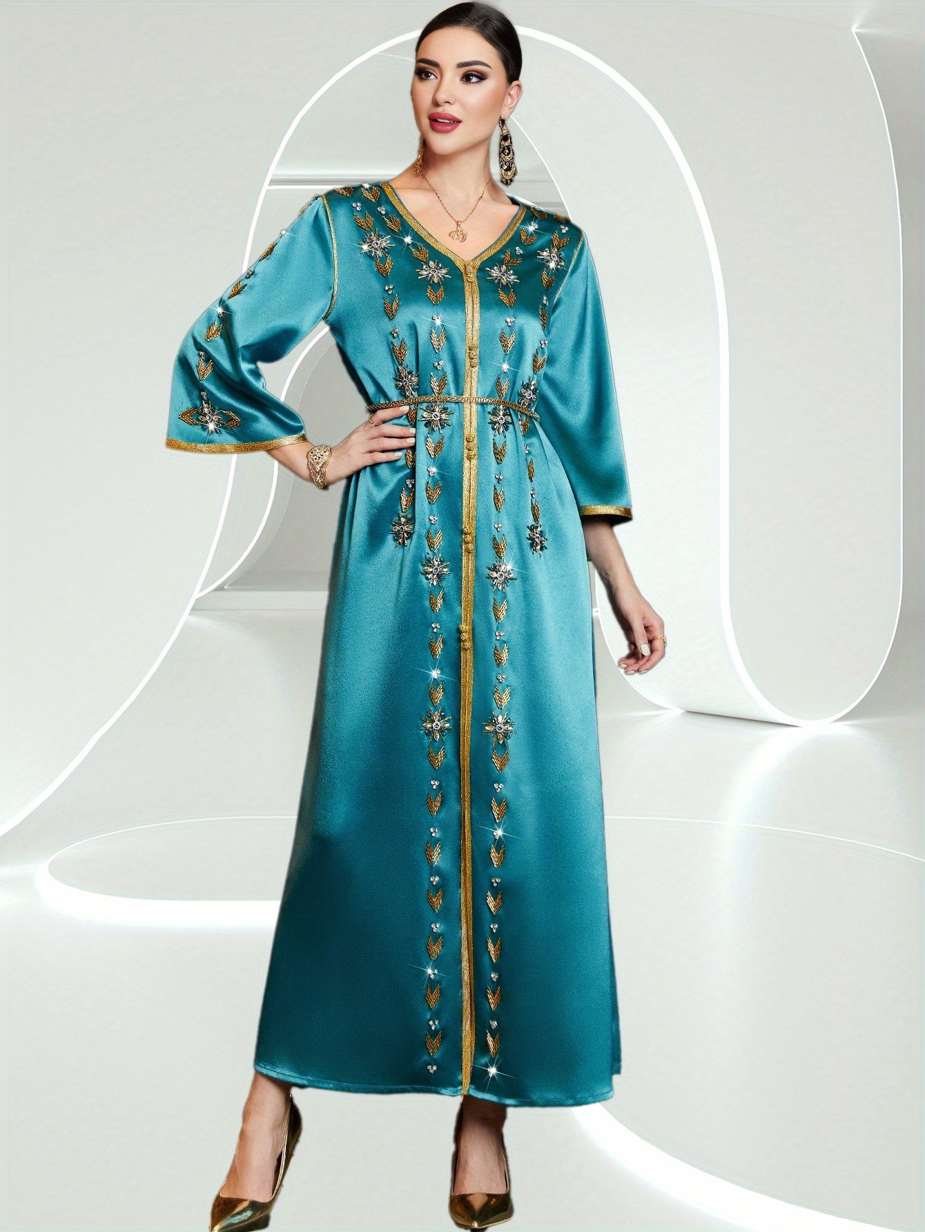 Elegant Rhinestone Embellished Polyester Abaya Dress, Solid Color, Woven Fabric, All-Season Long Robe with for Women, Middle Eastern Muslim Fashion Banquet Traditional Wear