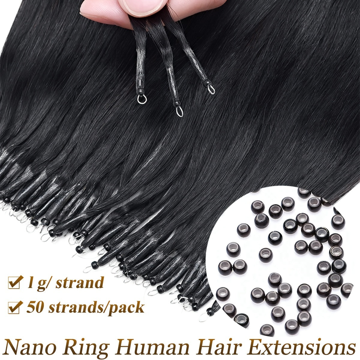 100% Human Hair Extensions - 50 Strands Nano Rings, Thick, Smooth, Remy Hair
