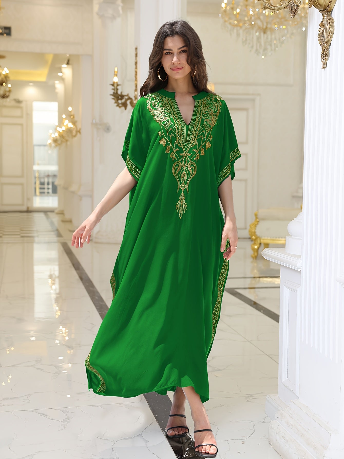 Long Robe Golden Embroidered Vacation Robe Kaftan Dress V-neck Beach Cover Shirt Kaftan
