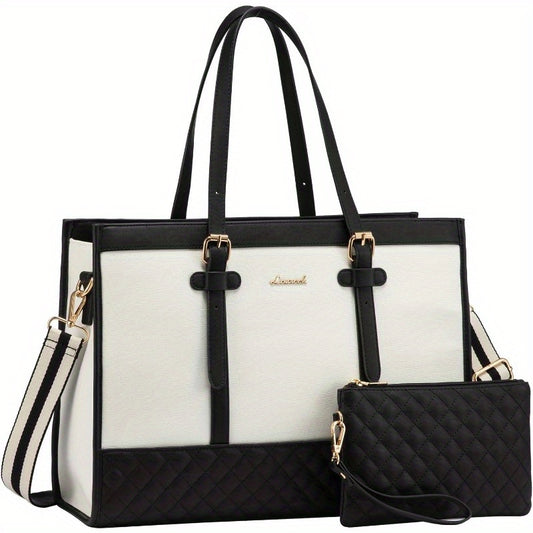 Laptop Leather Bag for Women 15.6 inch Canvas Laptop Tote Bag Large Capacity Work Bag with Clutch Purse Computer Bag Office Business Briefcase Casual Handbag for Travel College Teacher School