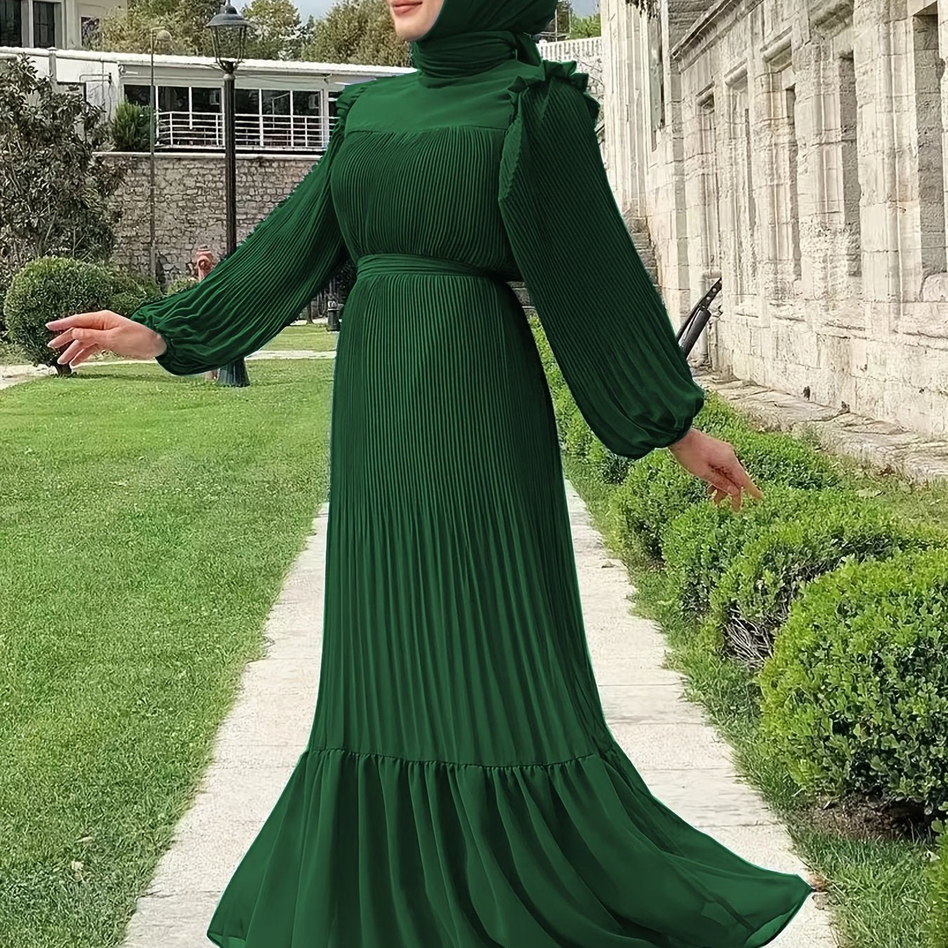 Women's Middle Eastern Muslim Baju Abaya Dress - Modest Long Sleeve Ruffled Hem Solid Color Traditional Dress with Belt, Machine Washable All-Season Casual Wear, Modest Apparel | Soft Texture