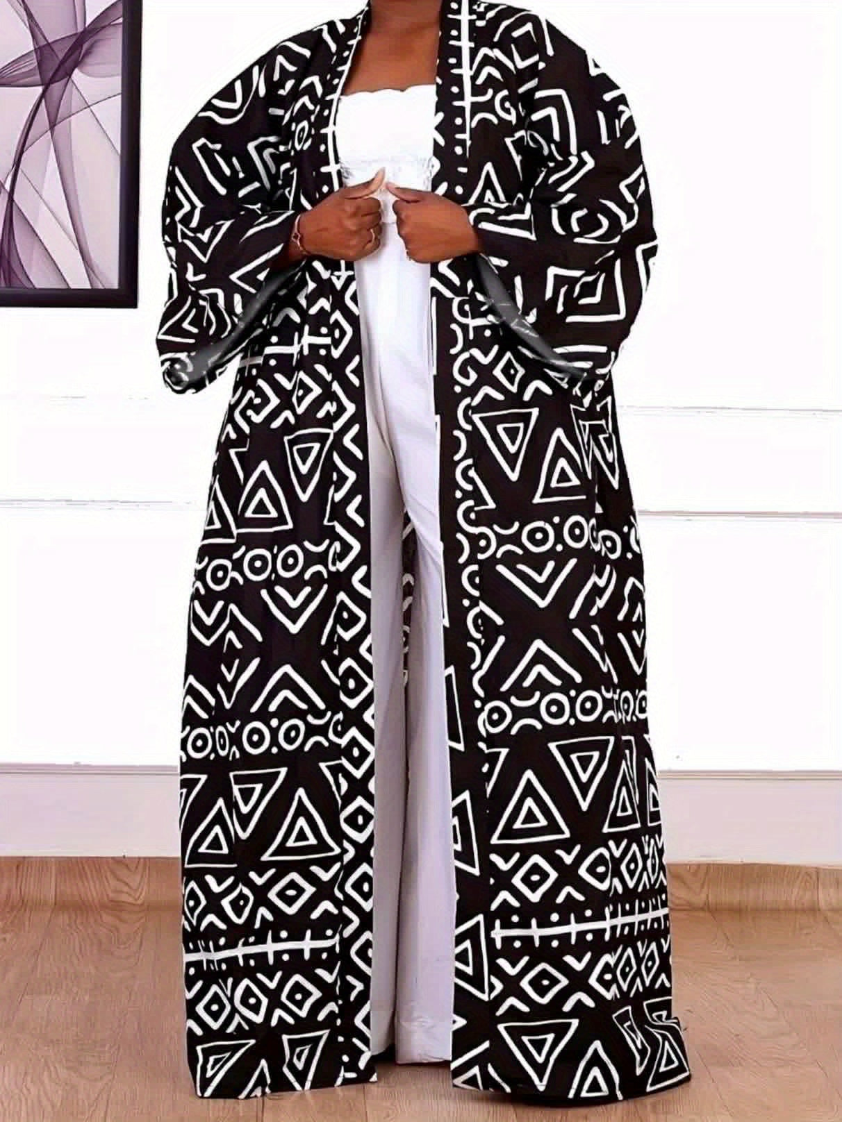 Chic Plus Size Open Front Kimono Abaya Cardigan - Casual & Versatile, Machine Washable, Polyester Blend with Elastane, Elegant Print Design
