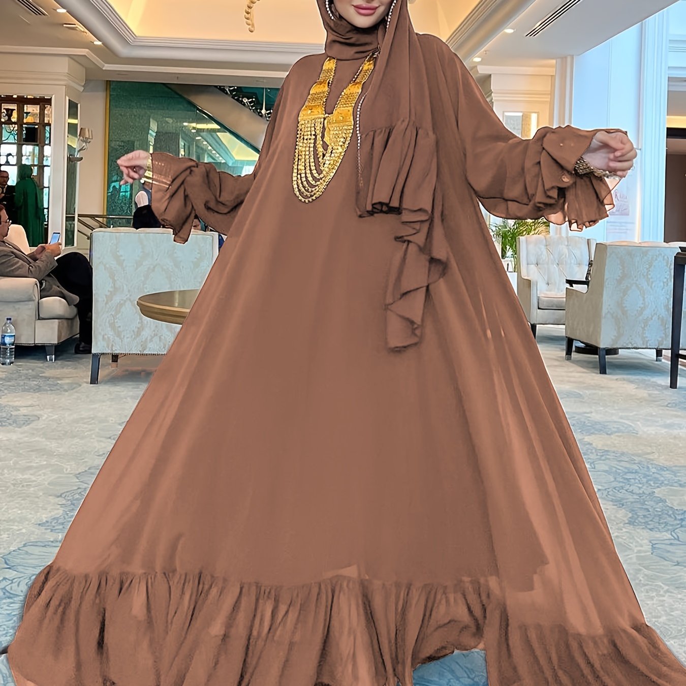 Stunning Solid Color Belted Peplum Maxi Dress - Elegant Palestinian Abaya for Women with Long Sleeves, Pleated Design, and Flattering Silhouette for Spring and Fall Seasons - Chic and Modest Clothing