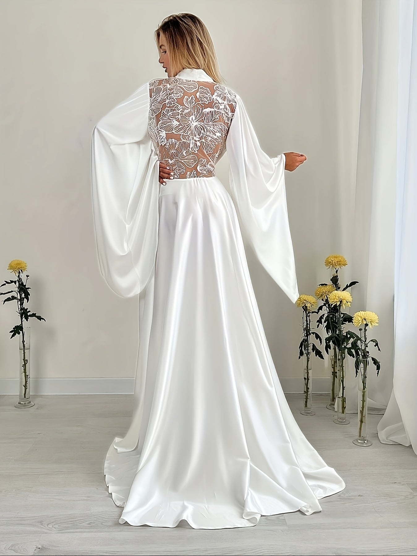 Ladies Satin Gown Silk Lace Bridal Kimono Abaya Nightgown Bridesmaid Gown Wedding Party Nightgown