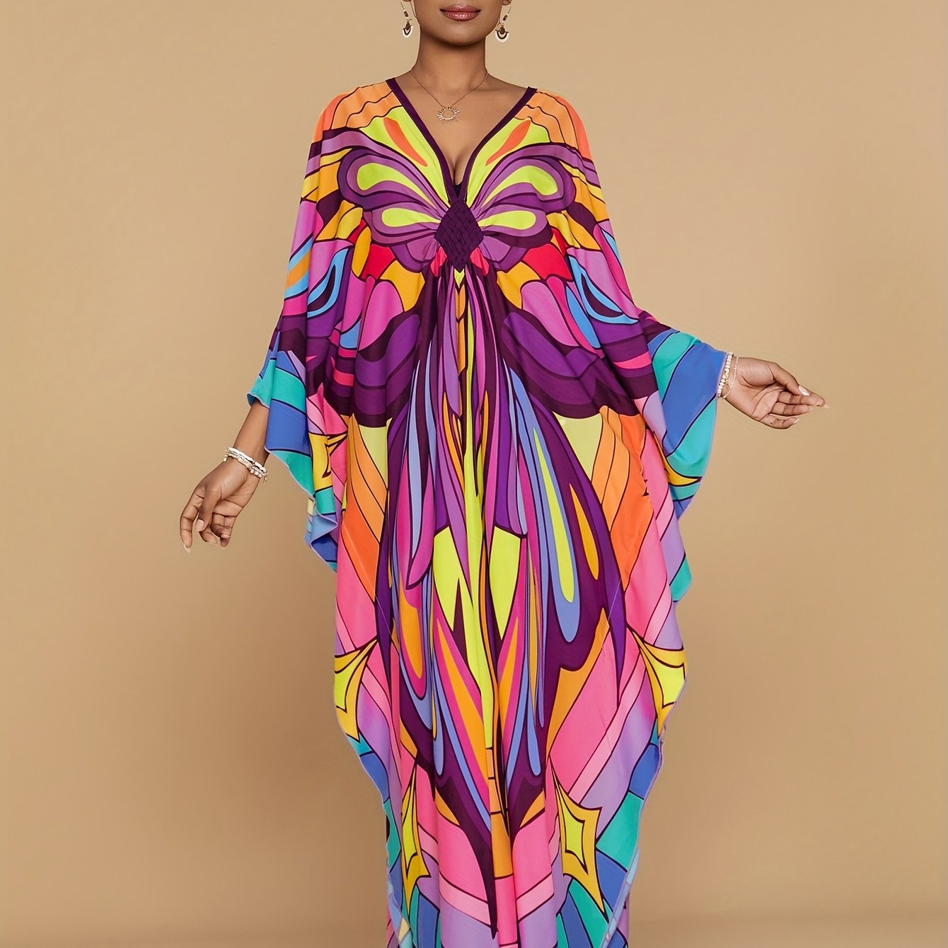 Plus Size - Maxi Dress - Vibrant Butterfly Abaya Cover Up, V-Neck Batwing Sleeve Tunic with Asymmetrical Hem, Loose Fit Long Beach Dress for Women, Spring Summer Fall Casual Outings, Beach Dress
