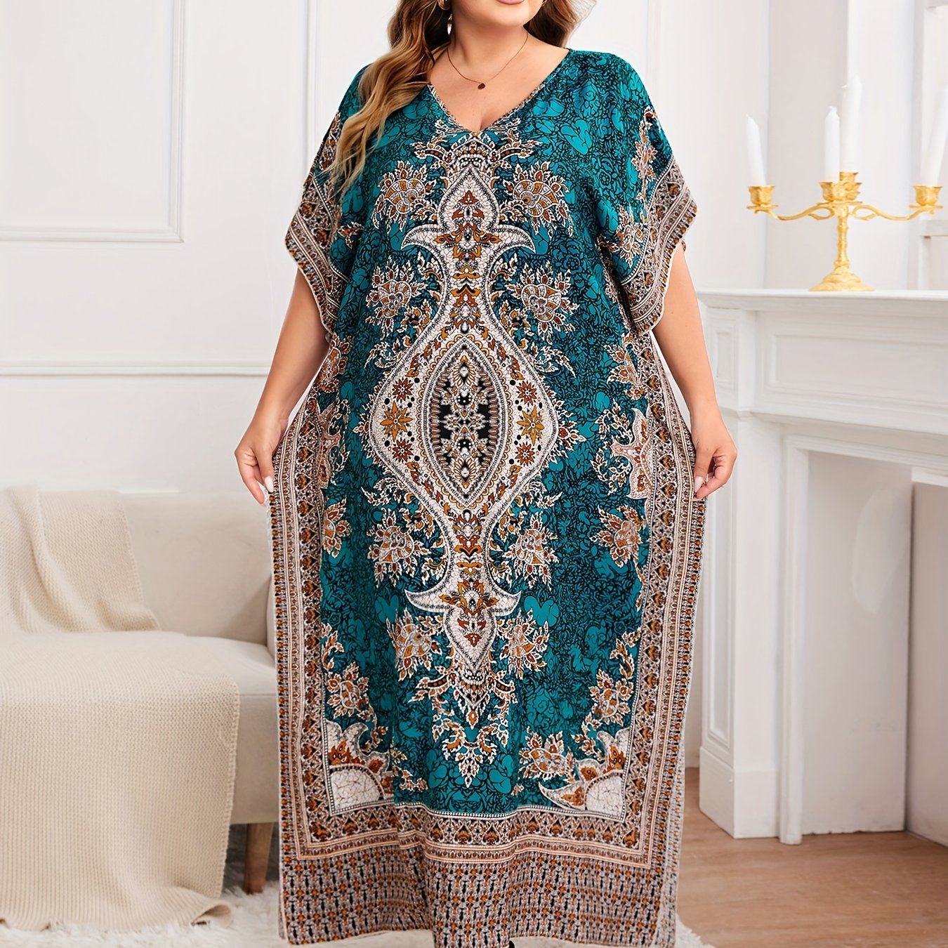 Plus Size, European and American Plus Size Women's Bohemian Vacation Dress with Middle Eastern Kaftan Abaya Style